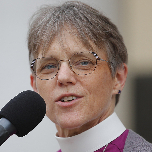 Bishop Mariann Edgar Budde of the Esiscopal Diocese of Washington speaks during a service outside St. John's Episcopal Church near the White House in Washington, Friday, June 19, 2020. (AP Photo/Carolyn Kaster)